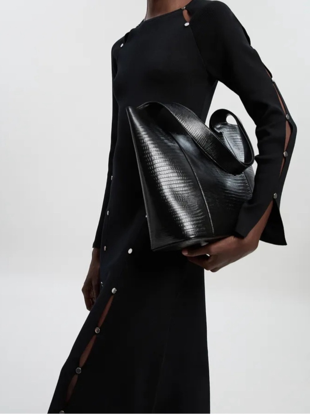 Karen Millen Black Midi Dress with Snap-Detail Sleeves